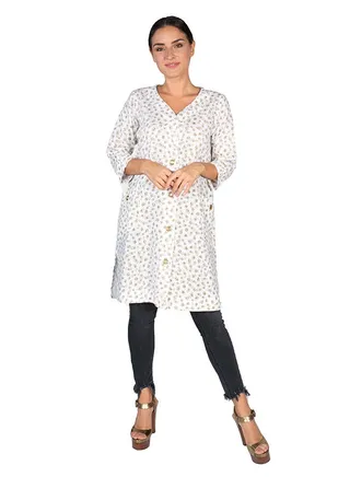 Amber Print Pure Linen Short Kurta White/Grey 