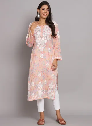 Hand Embroidered Chikan Printed Mulmul Straight Kurta-AL3680 