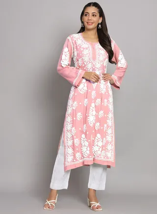Hand Embroidered Chikankari Modal Straight Kurta-AL3682 