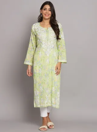 Hand Embroidered Chikan Printed Mulmul Straight Kurta-AL3680 