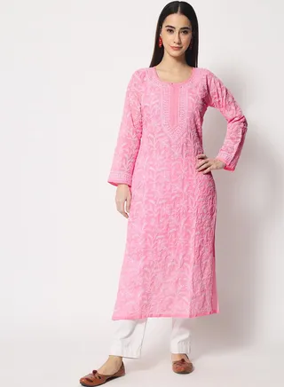 Hand Embroidered Chikankari Cotton Straight Kurta-AL3592 