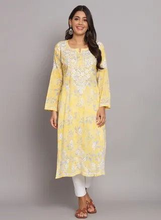 Hand Embroidered Chikan Printed Mulmul Straight Kurta-AL3680 