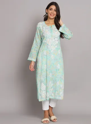 Hand Embroidered Chikan Printed Mulmul Straight Kurta-AL3680 