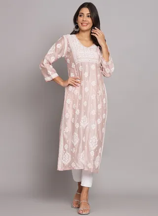 Hand Embroidered Chikankari Chanderi Angarkha Kurta With Mukaish Work-AL3672 