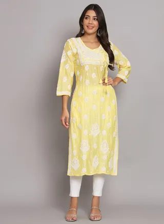 Hand Embroidered Chikankari Chanderi Angarkha Kurta With Mukaish Work-AL3672 