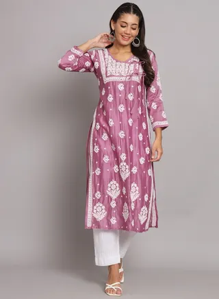 Hand Embroidered Chikankari Chanderi Angarkha Kurta With Mukaish Work-AL3672 