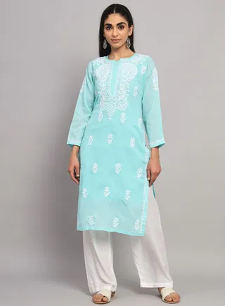 Hand Embroidered Chikankari Cotton Straight Kurta-AL3561 