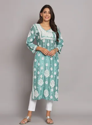 Hand Embroidered Chikankari Chanderi Angarkha Kurta With Mukaish Work-AL3672 