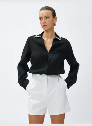 Long Sleeve Jeweled Neck Chiffon Blouse
