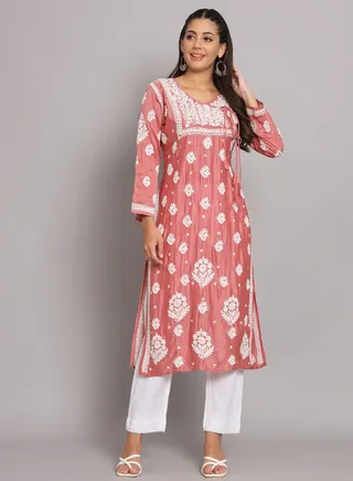 Hand Embroidered Chikankari Chanderi Angarkha Kurta With Mukaish Work-AL3672 