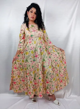 PRIYA'S PANACHE Stylish Vibrant Muslin Printed Flared Gown - Designer Festival Traditional Ethnic Indian Partywear For Women 