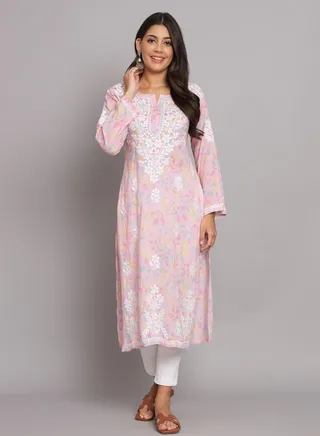 Hand Embroidered Chikan Printed Mulmul Straight Kurta-AL3680 