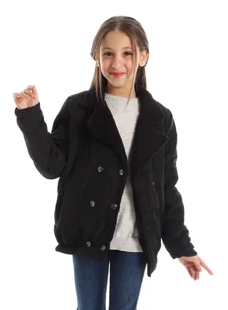 Notched Collar Snap Buttons Closure Full Black Fur & Polyester Jacket 