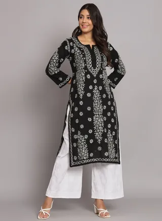 Women  Floral Embroidered Chikankari Cotton kurta-AL3679 