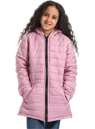 Hoodie Neck Zipper Closure Girls Jacket _ Rose Pink 