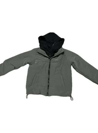 Olive Puffer Jacket with Black Hood 