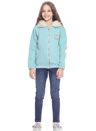 Turquoise Hooded Casual Jacket With Detail For Girls 
