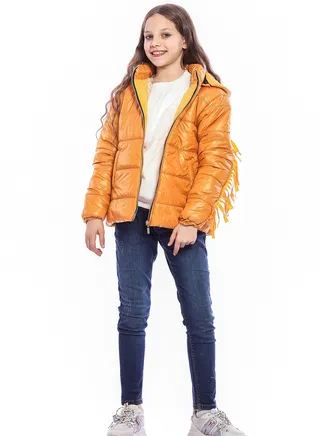 Dark Yellow puffer jacket With Strips For Girls 