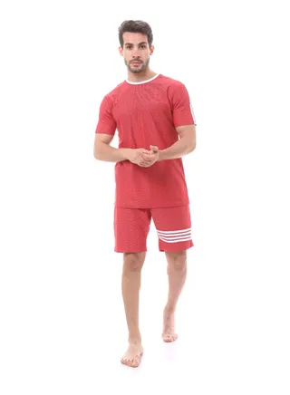Striped Comfy Tee & Shorts Set-Red 