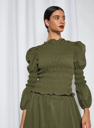 Puff Sleeve Shirred Top Green