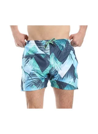 Tropical Palm Pattern Slip On Swim Shorts - Green & Shades of Blue 