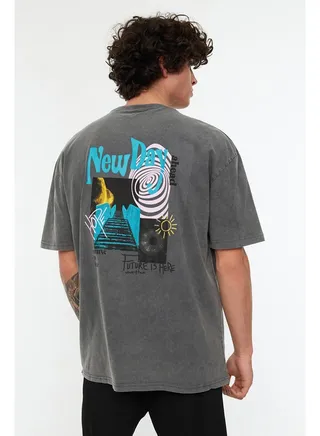 Anthracite Men's Relaxed Fit Crew Neck Short Sleeve Acid Wash Printed T-Shirt 