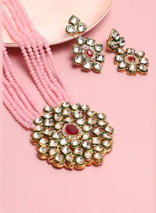 Gold Plated Kundan Beaded Party Necklace and Earring Set For Women