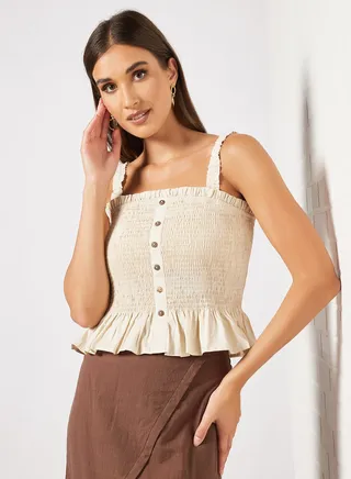 Smocked Square Neck Blouse Beige