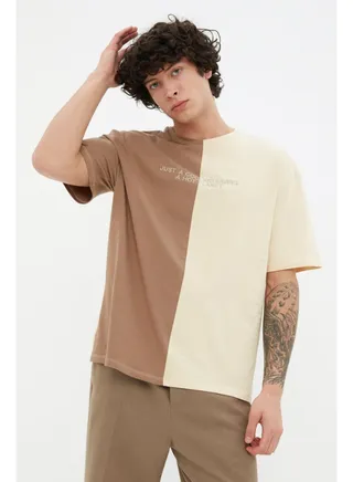 Brown Men's Oversize Color Blocked  Embroidered T-Shirt 