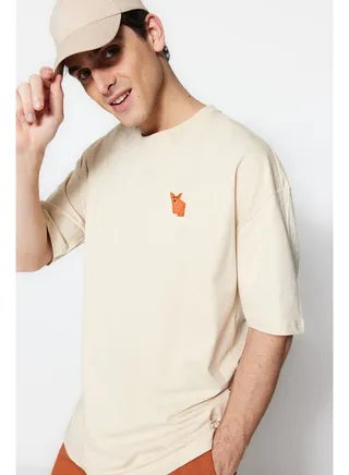 Beige Men's Oversize Crew Neck Short Sleeve Fox Embroidered  T-Shirt 