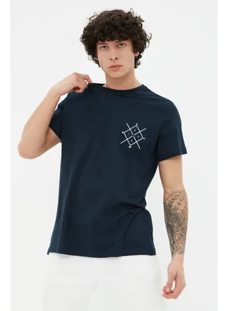 Navy Blue Men Regular Cut Logo Printed  Short Sleeve T-Shirt 