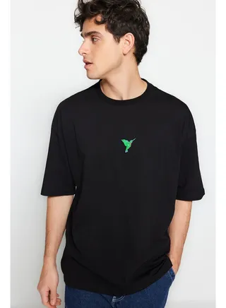 Men's Black Oversize/Wide Cut Bird-Animal Embroidery Short Sleeve  T-Shirt 