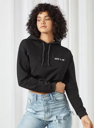 Slogan Cropped Hoodie Black 