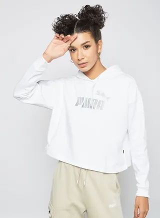 Essentials+ Metallic Logo Crop Hoodie White 