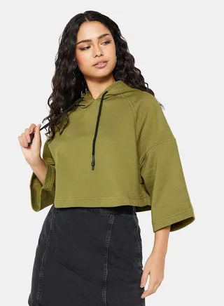 Half-Sleeve Cropped Hoodie Green 