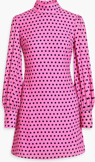 Polka-dot crepe de chine turtleneck mini dress