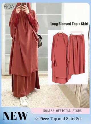 2-Piece Casual Loose Set Muslim Women's Long Top and Elastic Waist Skirt Wrist Splice Tight Fashion Versatile Set 