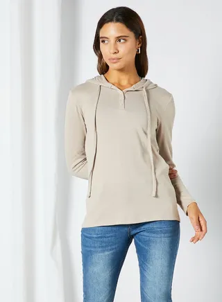 Casual Comfortable Button Detail Drawstring Hoodie Beige 