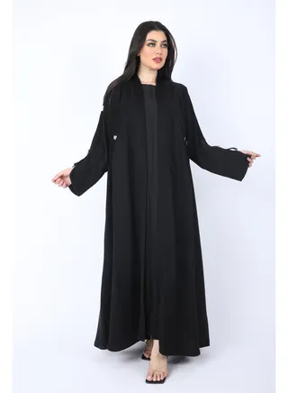 Maxi, flared Abaya with a pleat at the back and golden buttons, Black 