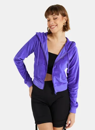 Basic Zip-Up Velour Hoodie Blue 
