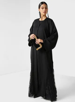 Embellished Lace Detail Flared Sleeve Abaya 