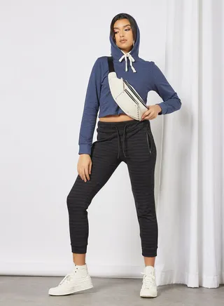 Solid Pattern Drawstring Neck Hoodie Blue 