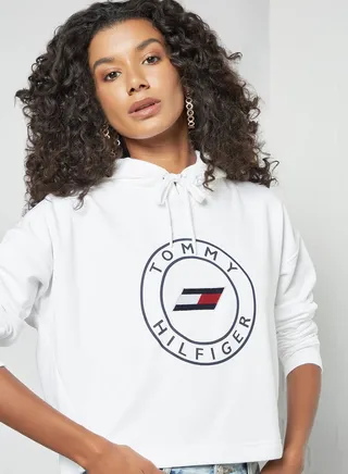 Logo Print Cropped Hoodie White 