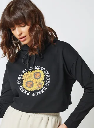 Graphic Front Cropped Hoodie Black 