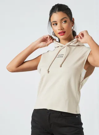 Basic Sleeveless Hoodie Beige 