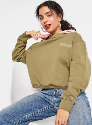 Long Sleeve Contrast Hoodie Green 