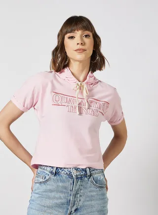 Slogan Printed Drawstring Neck Hoodie Pink 