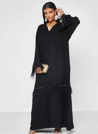 Lace Feather Detail Abaya 