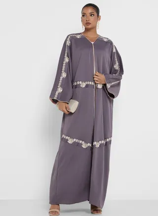 Embroidered V- Neck Open Abaya 