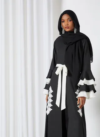 Tiered Ruffle Sleeve Abaya Black 